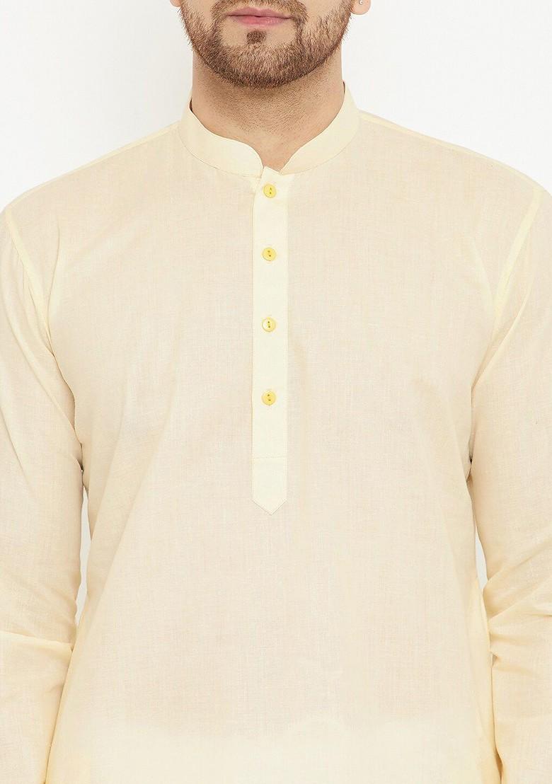 Cream Solid Poly Blend Kurta For Men