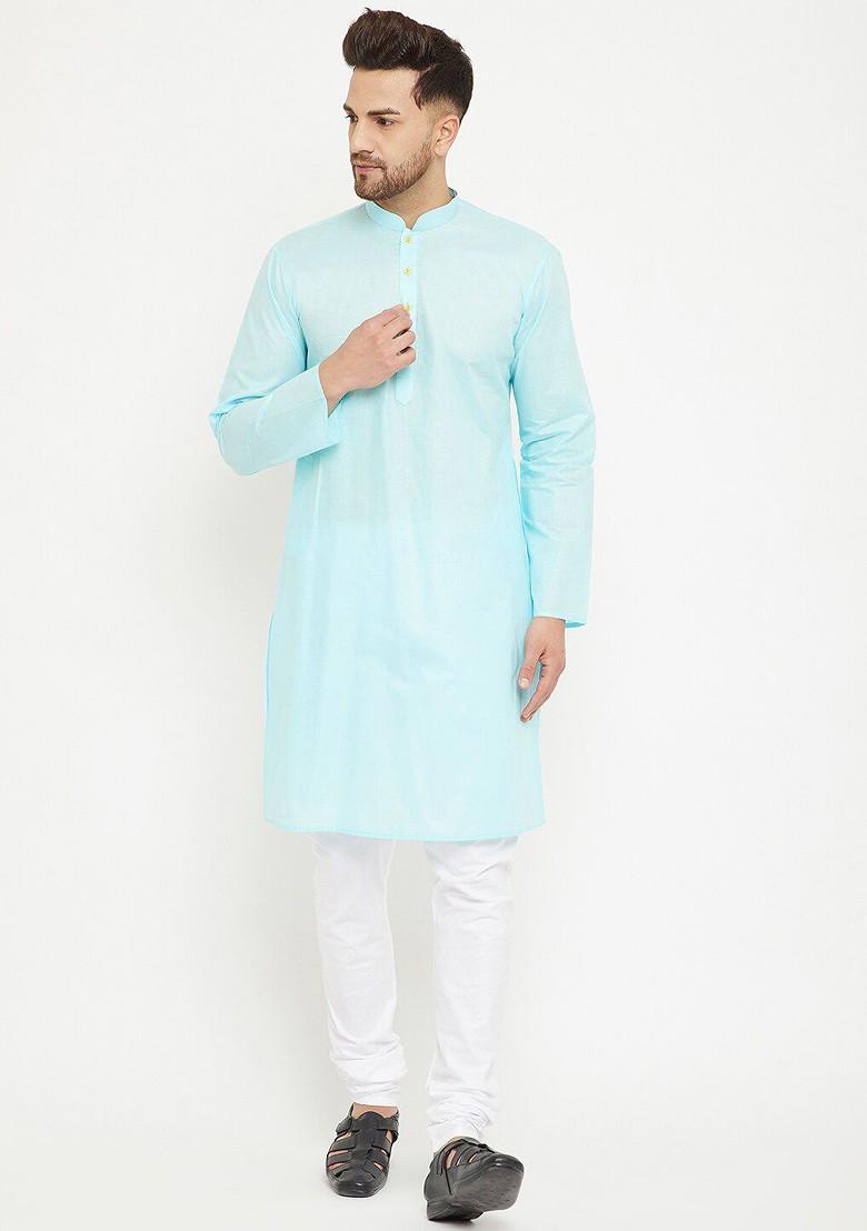 Blue Thread Work Poly Blend Kurta For Men
