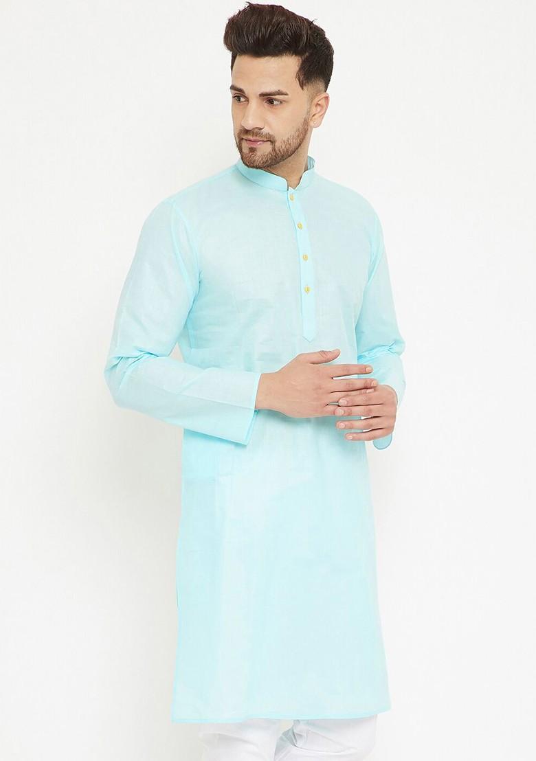 Blue Thread Work Poly Blend Kurta For Men