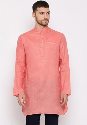 Pink Solid Poly Blend Kurta For Men