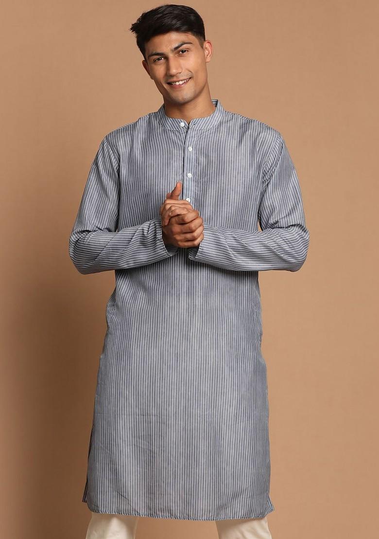 Grey Thread Work Poly Blend Kurta For Men