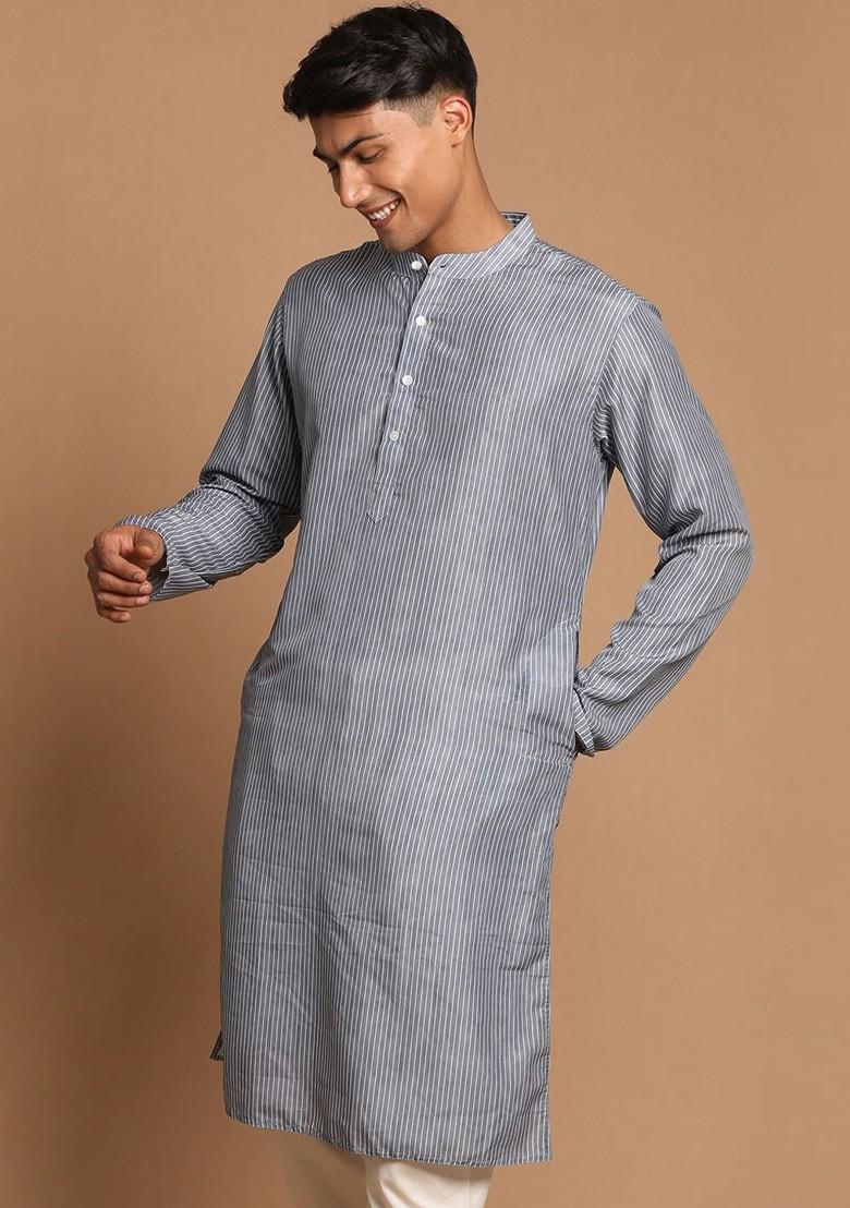 Grey Thread Work Poly Blend Kurta For Men