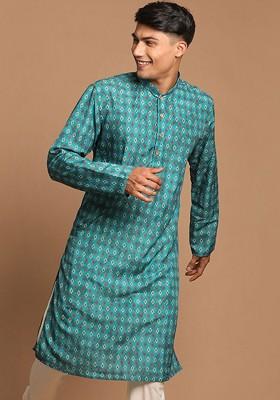 Green Geometric Print Poly Blend Kurta For Men
