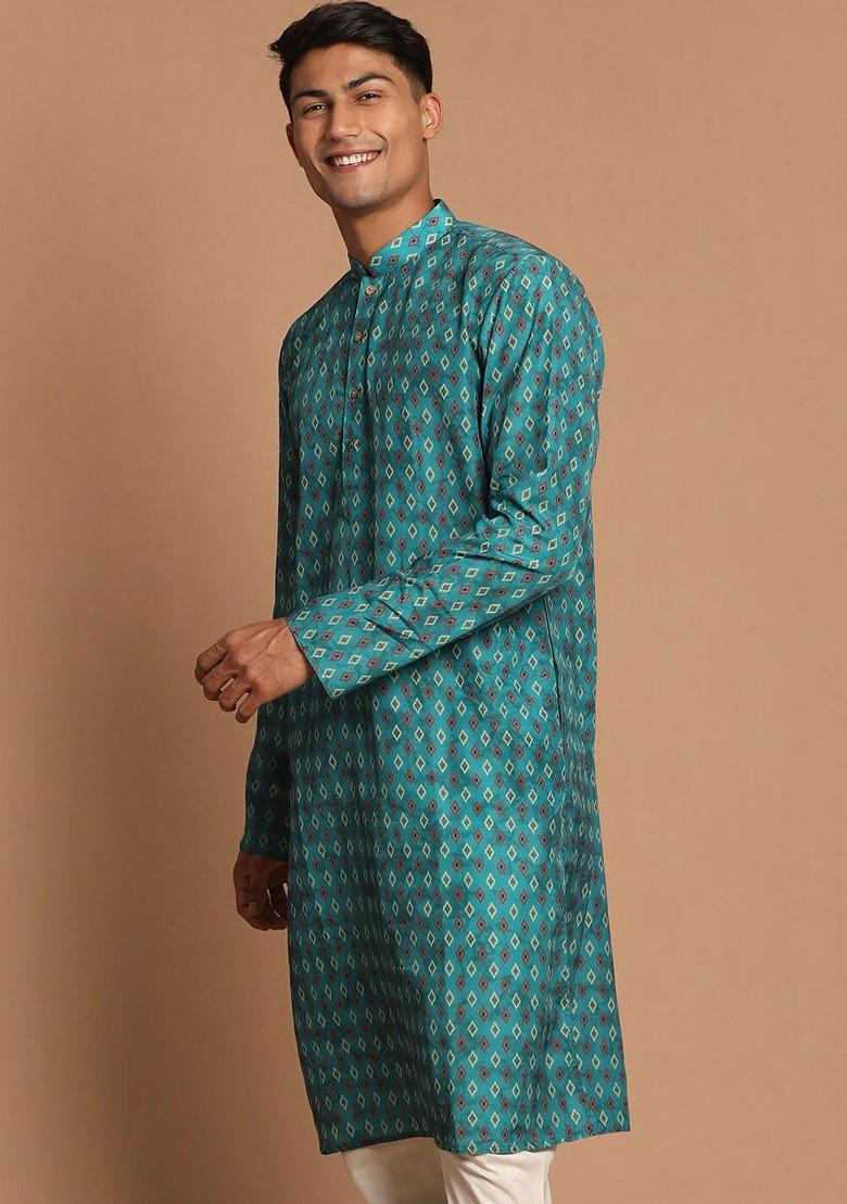 Green Geometric Print Poly Blend Kurta For Men