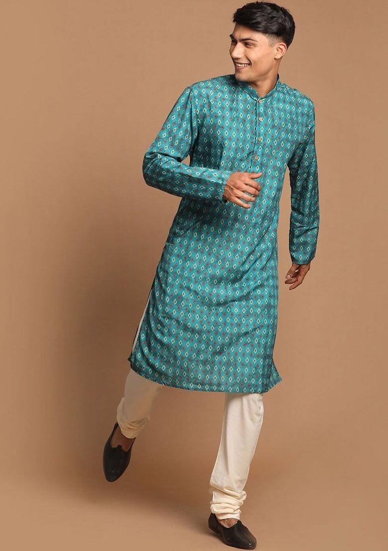 Green Geometric Print Poly Blend Kurta For Men