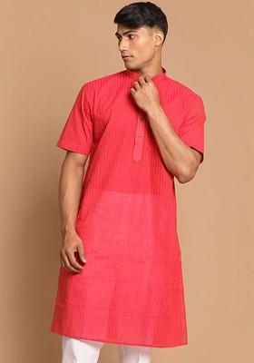 Pink Striped Cotton Kurta For Men