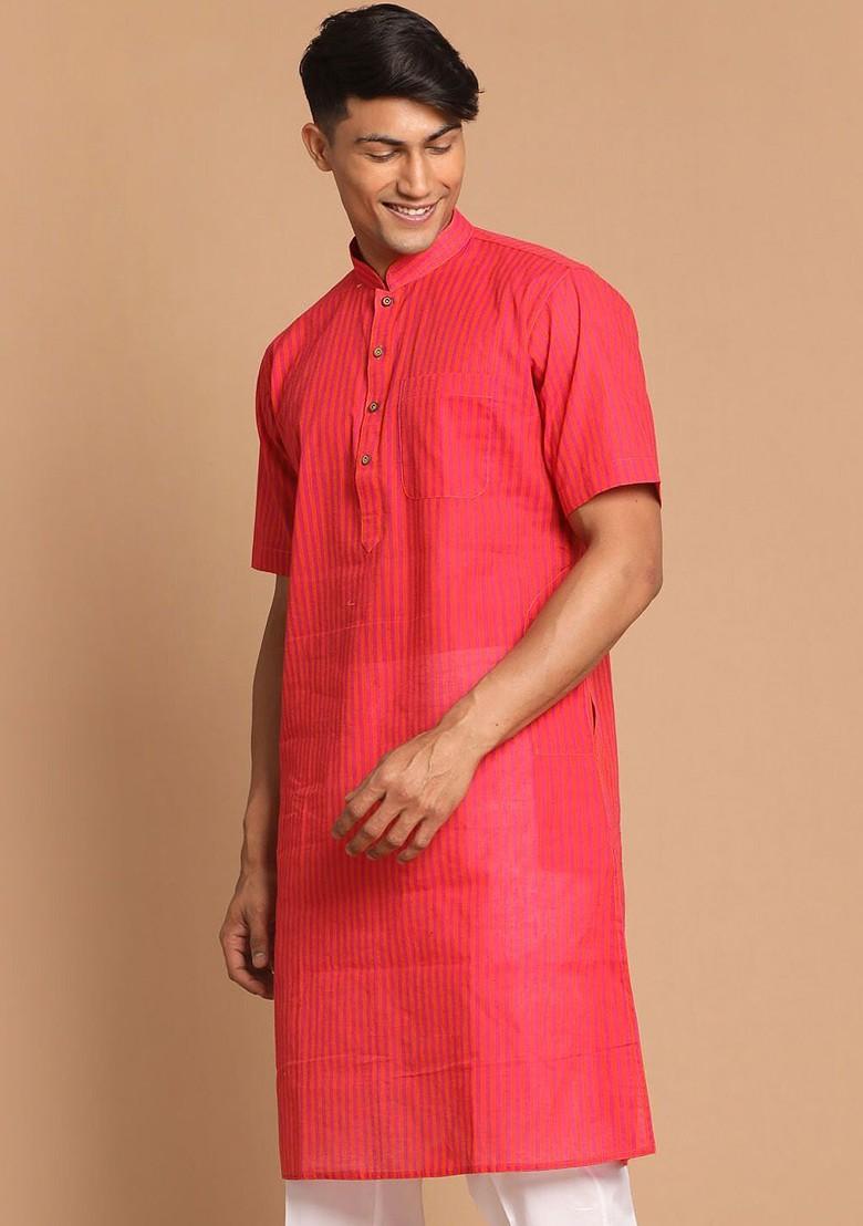 Pink Striped Cotton Kurta For Men