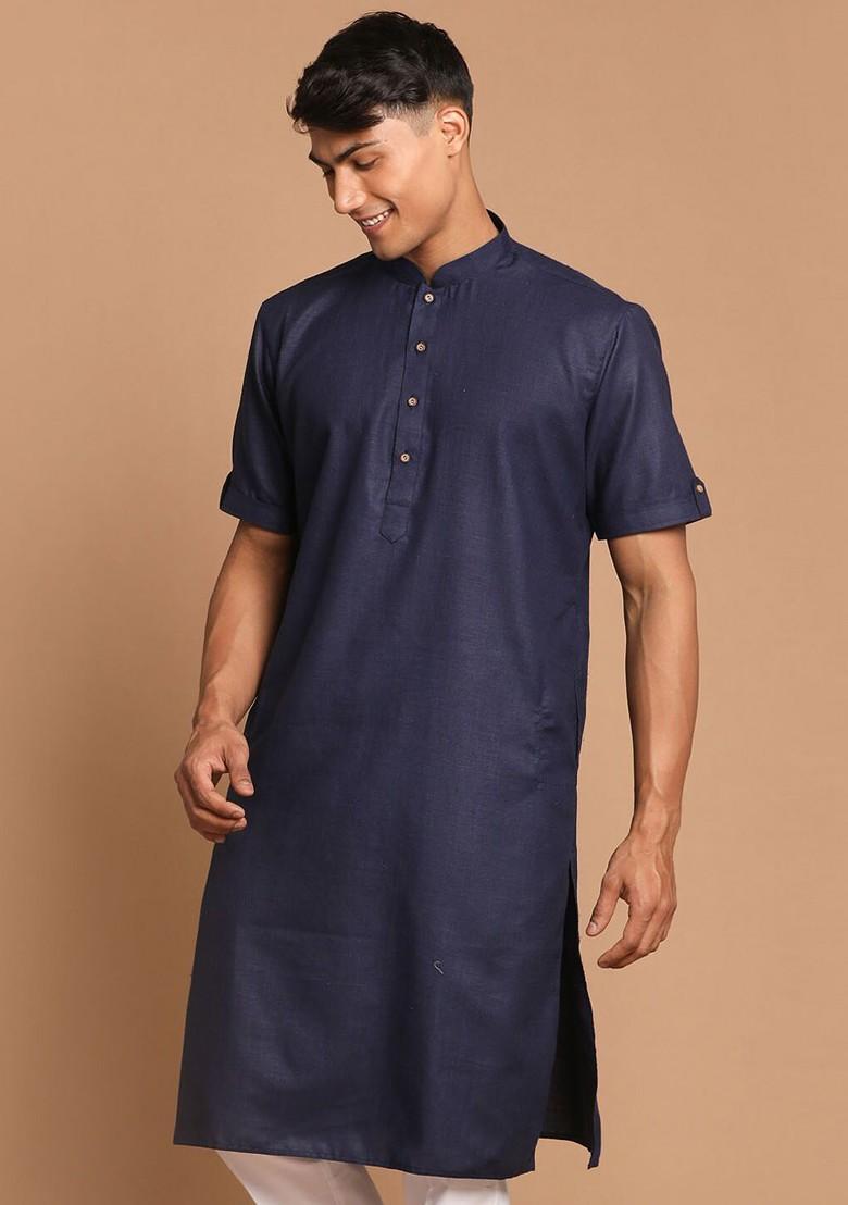 Navy Blue Solid Pathani Kurta For Men