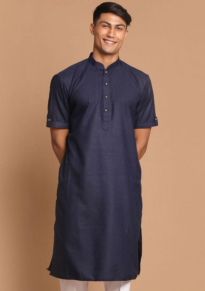 Navy Blue Solid Pathani Kurta For Men