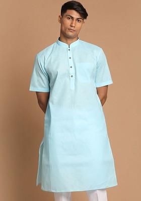 Blue Solid Cotton Kurta For Men