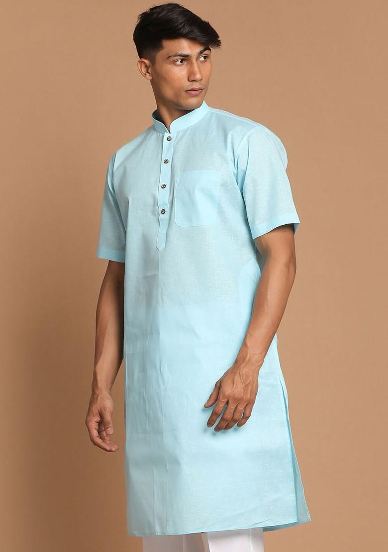 Blue Solid Cotton Kurta For Men