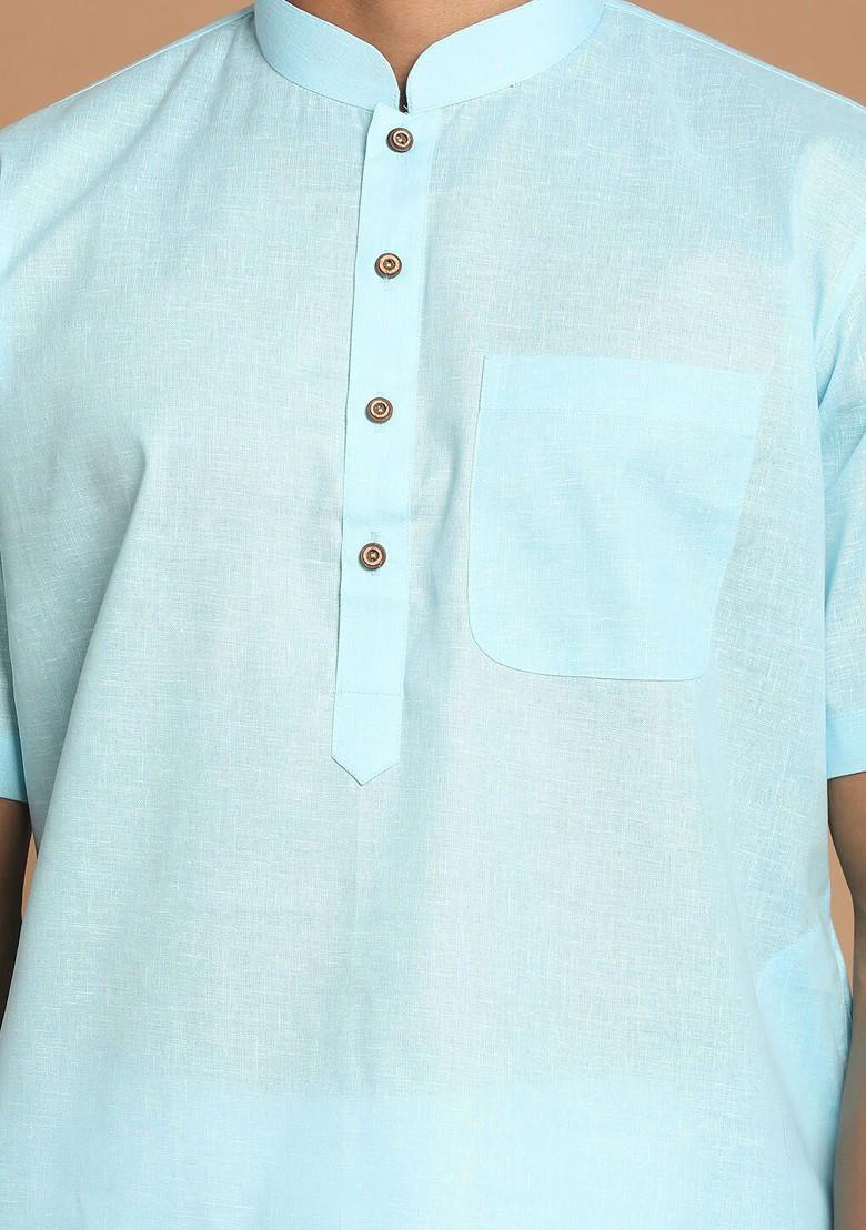 Blue Solid Cotton Kurta For Men