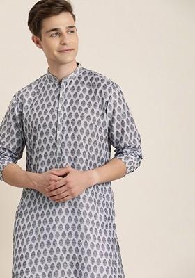 Grey Ethnic Motifs Muslin Kurta For Men
