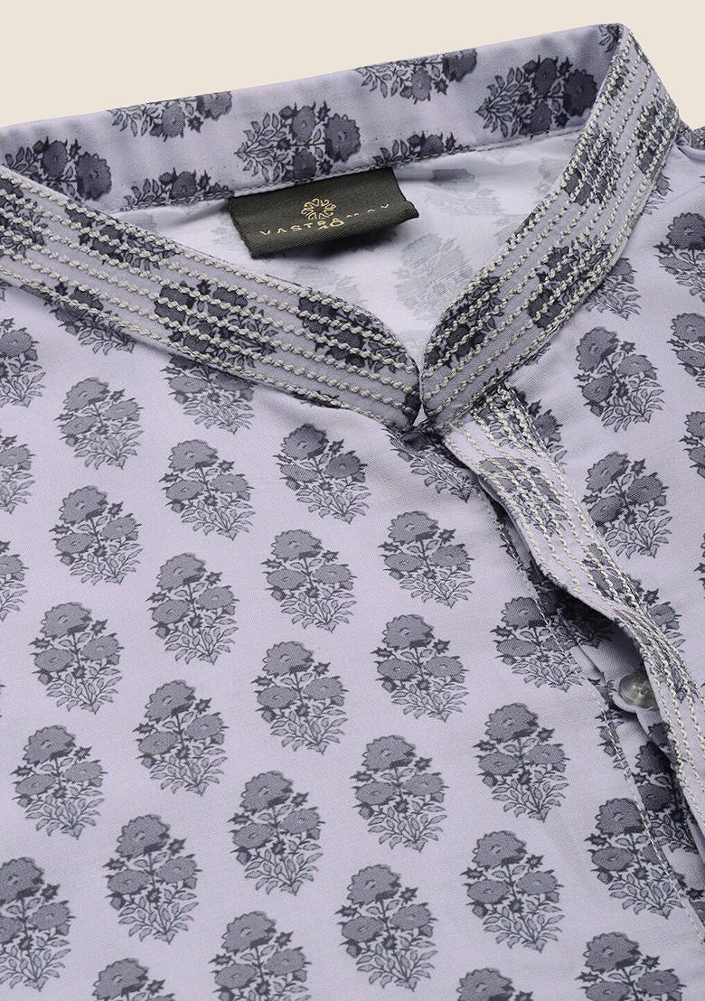 Grey Ethnic Motifs Muslin Kurta For Men