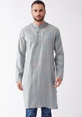 Blue Solid Cotton Kurta For Men