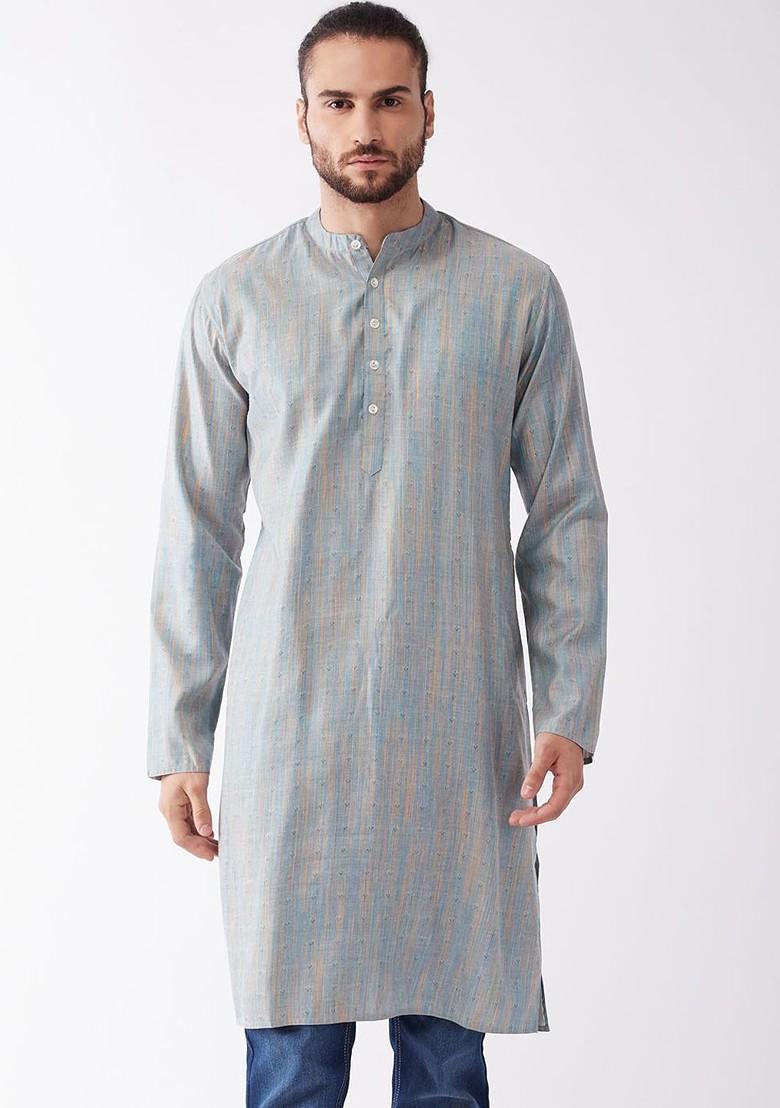 Blue Solid Cotton Kurta For Men