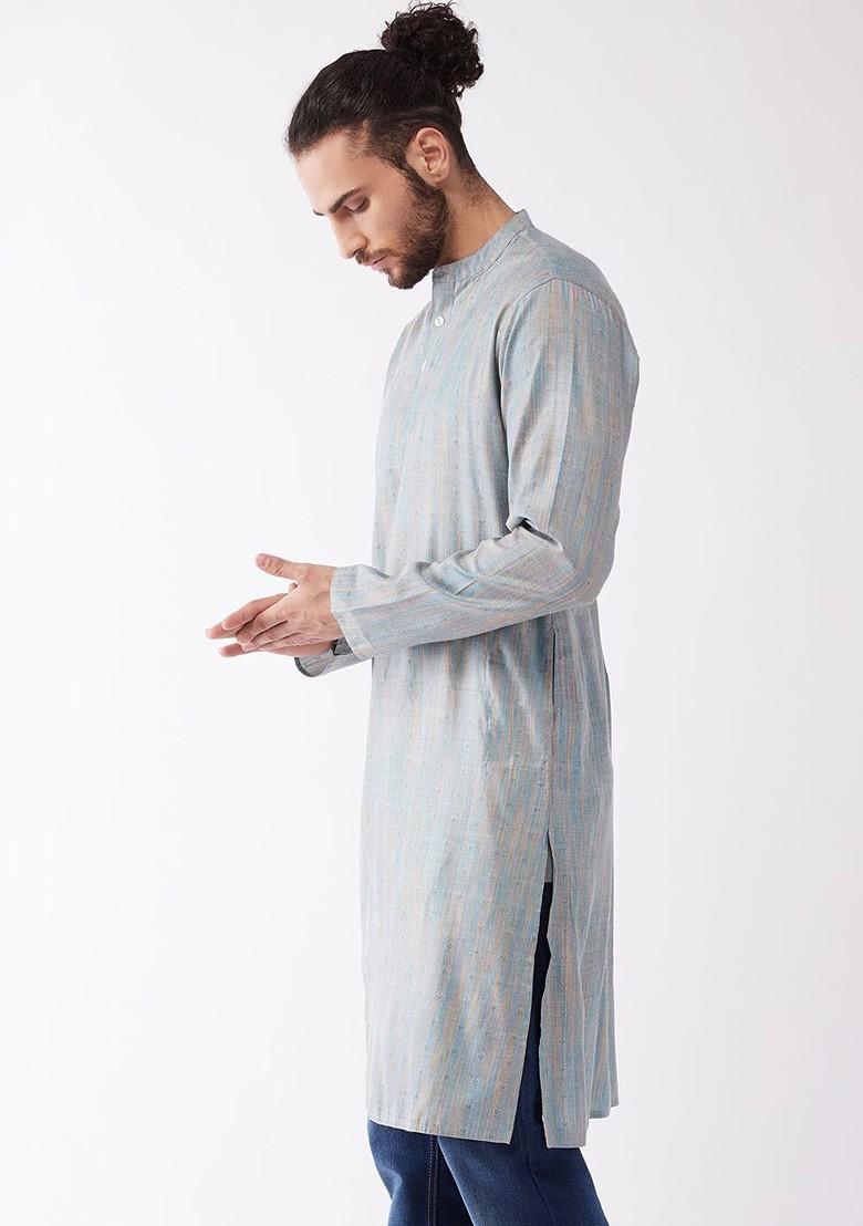 Blue Solid Cotton Kurta For Men