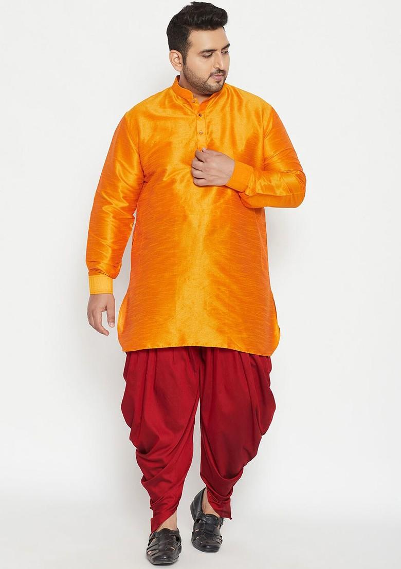 Orange Solid Pathani Kurta For Men
