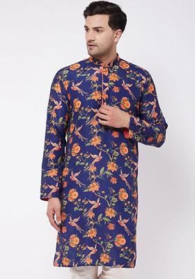 Navy Blue Floral Print Poly Blend Kurta For Men