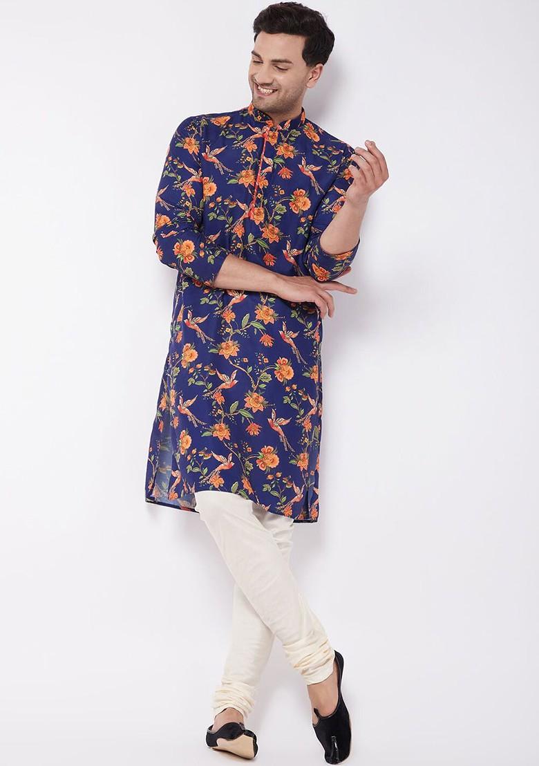 Navy Blue Floral Print Poly Blend Kurta For Men