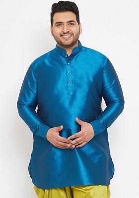 Turquoise Blue Solid Poly Blend Kurta For Men