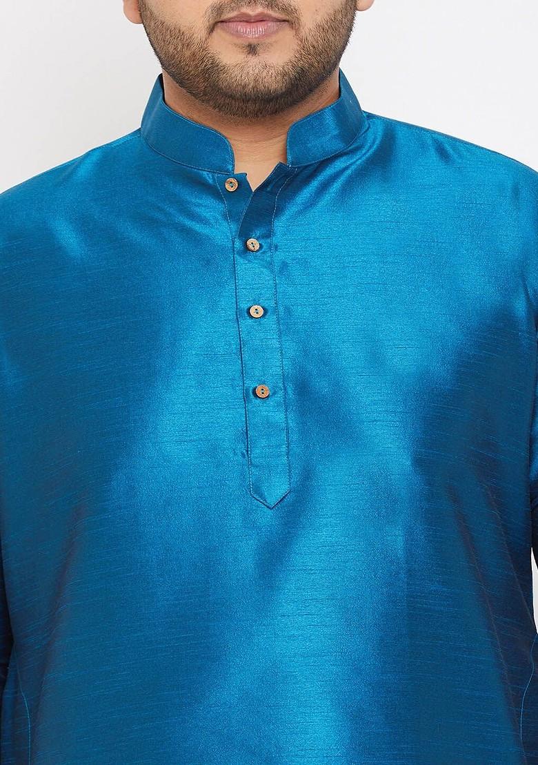 Turquoise Blue Solid Poly Blend Kurta For Men