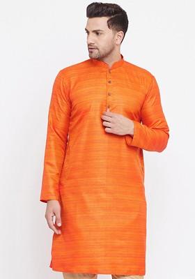 Orange Solid Poly Blend Kurta For Men