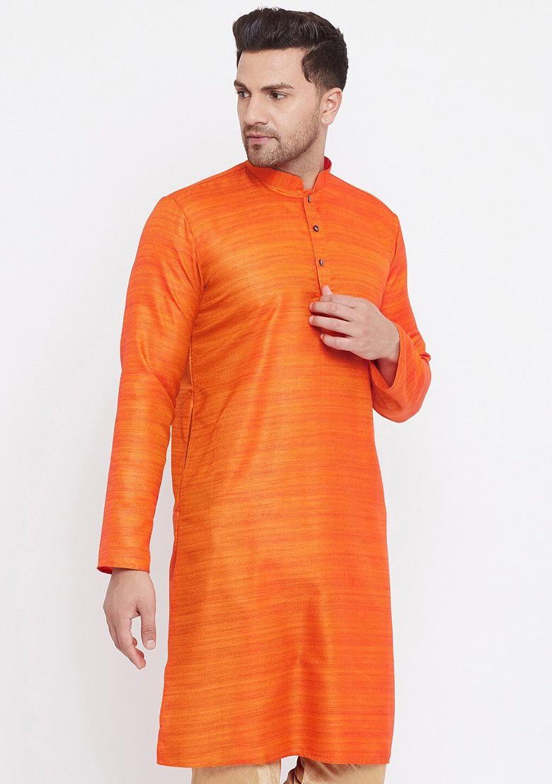 Orange Solid Poly Blend Kurta For Men