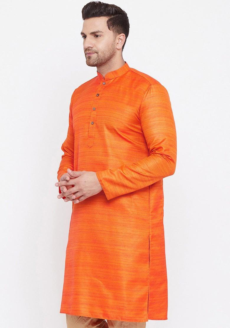 Orange Solid Poly Blend Kurta For Men