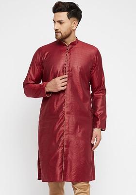Maroon Thread Work Jacquard Kurta For Men