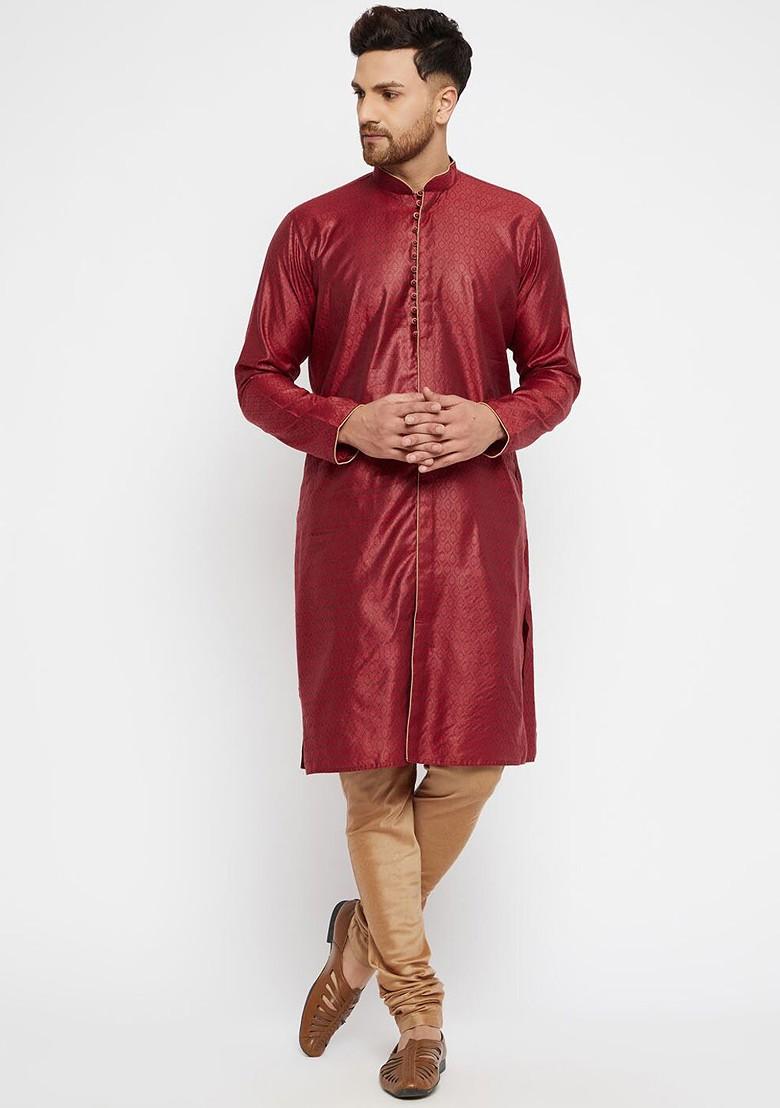 Maroon Thread Work Jacquard Kurta For Men