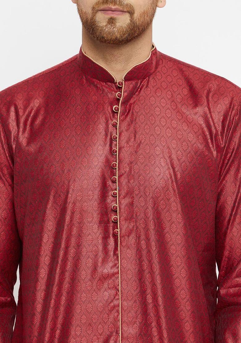 Maroon Thread Work Jacquard Kurta For Men