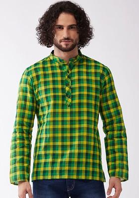 Green Checked Poly Blend Kurta For Men