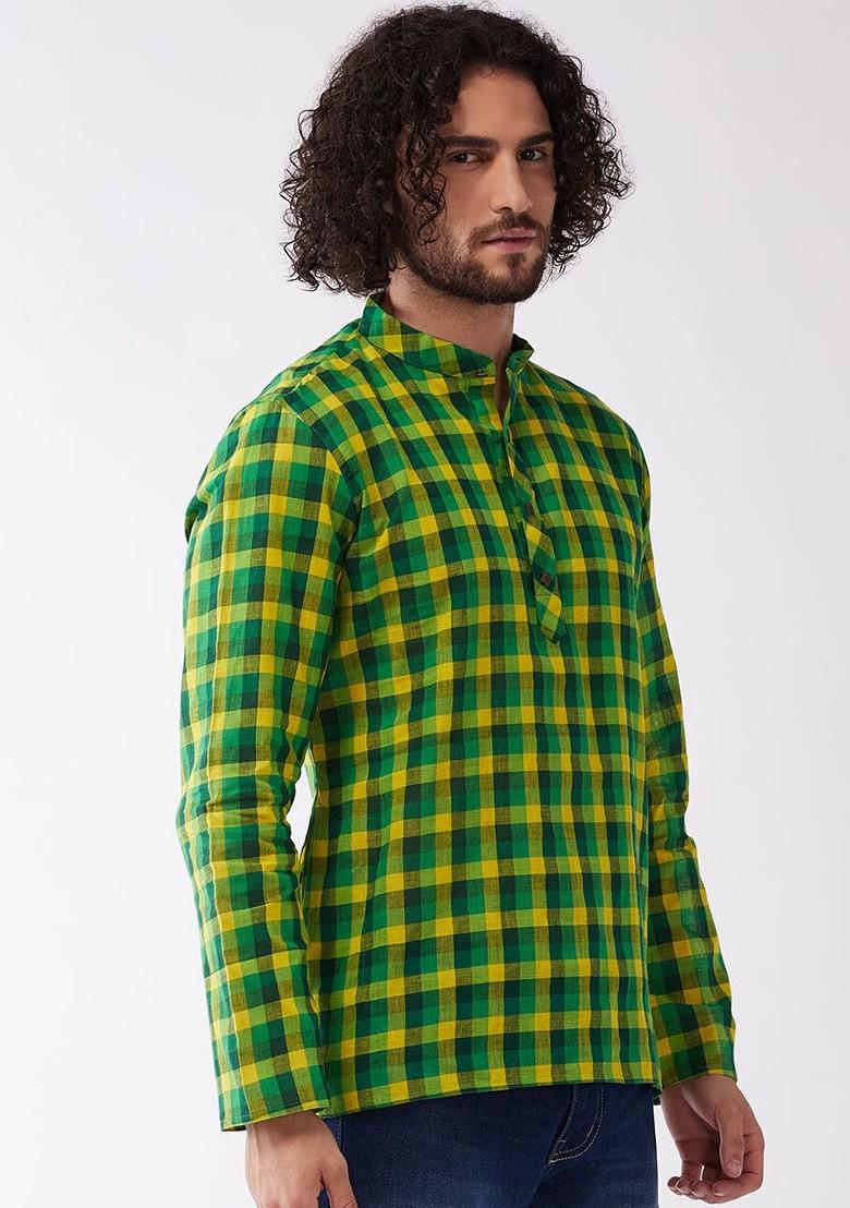 Green Checked Poly Blend Kurta For Men