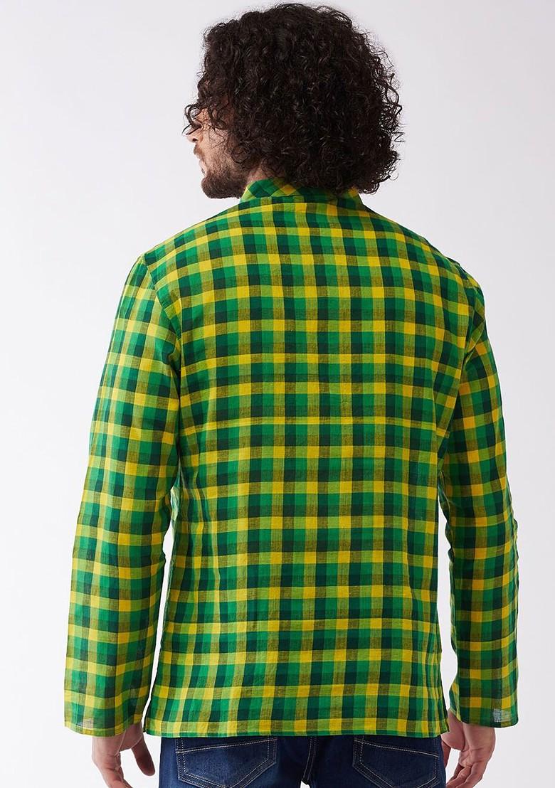 Green Checked Poly Blend Kurta For Men