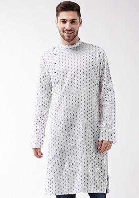White Solid Jacquard Kurta For Men