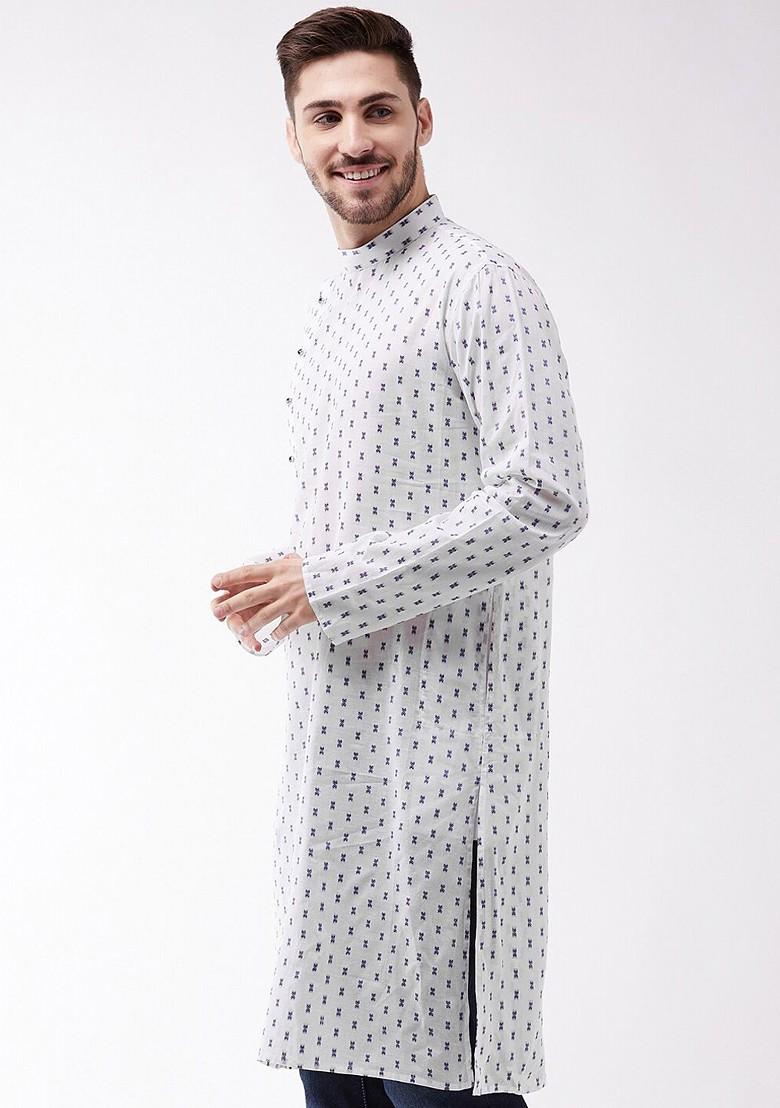 White Solid Jacquard Kurta For Men