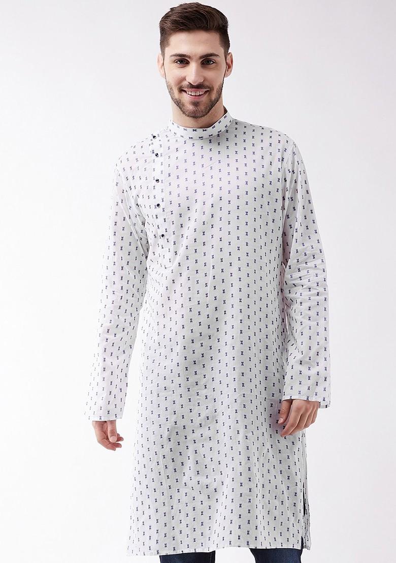 White Solid Jacquard Kurta For Men