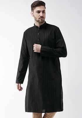 Black Striped Poly Blend Kurta For Men