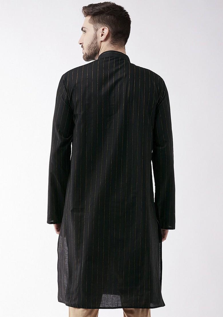Black Striped Poly Blend Kurta For Men