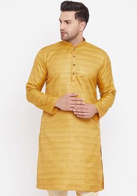 Yellow Embroidered Poly Blend Kurta For Men