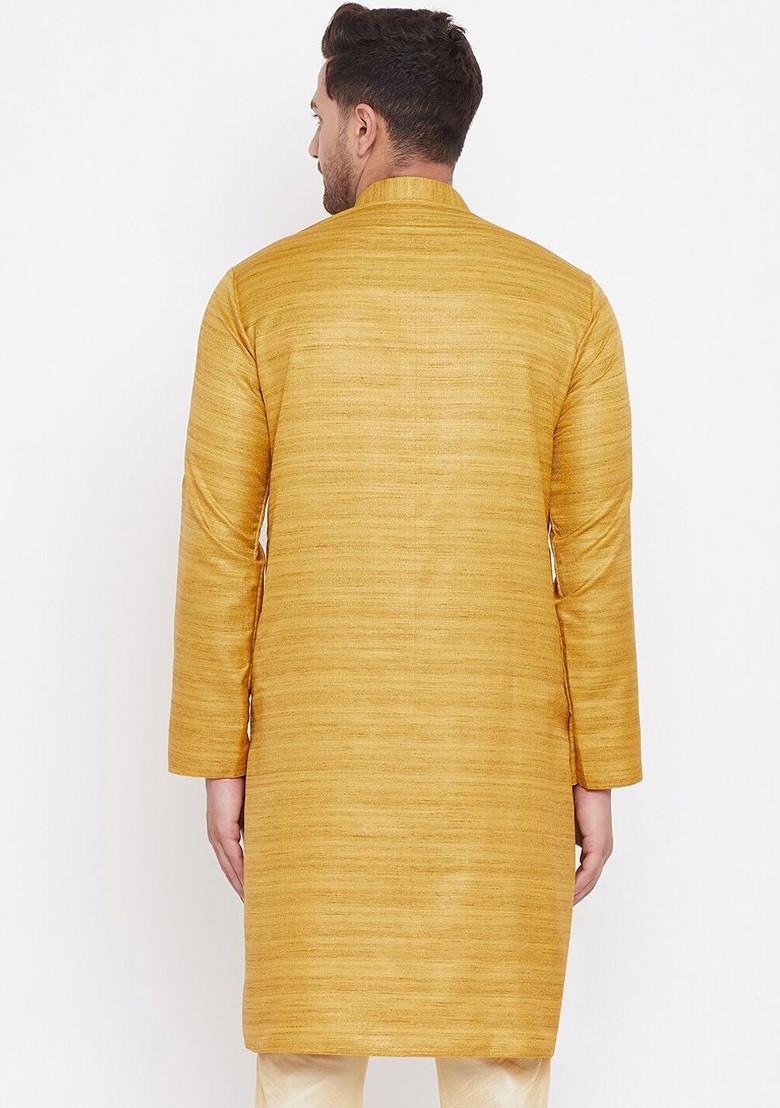 Yellow Embroidered Poly Blend Kurta For Men