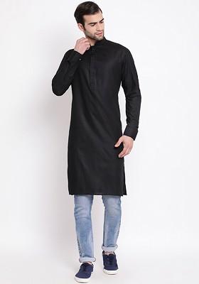 Black Solid Poly Blend Kurta For Men