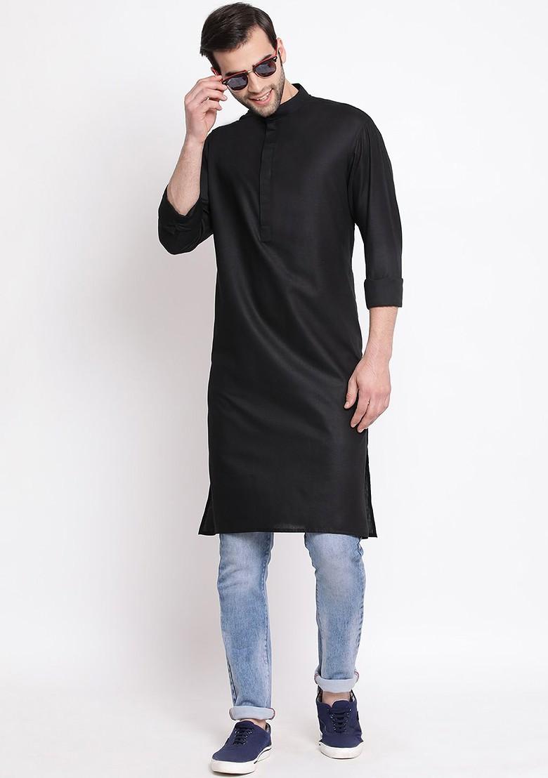 Black Solid Poly Blend Kurta For Men