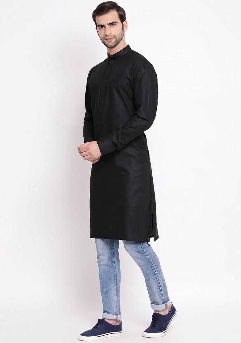 Black Solid Poly Blend Kurta For Men