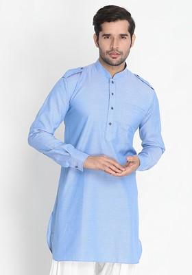 Blue Solid Pathani Kurta For Men