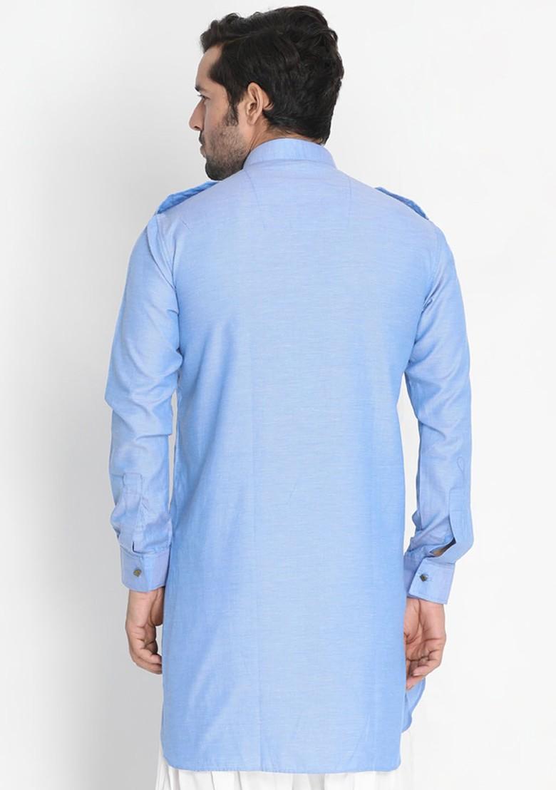 Blue Solid Pathani Kurta For Men