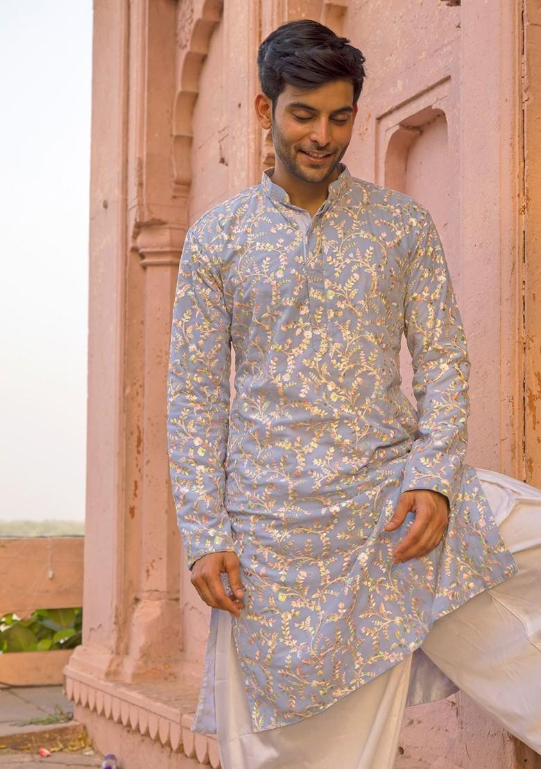 Lavender Floral Print Georgette Kurta For Men