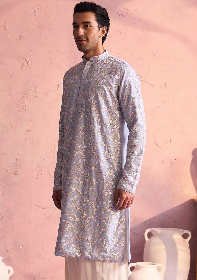 Lavender Floral Print Georgette Kurta For Men