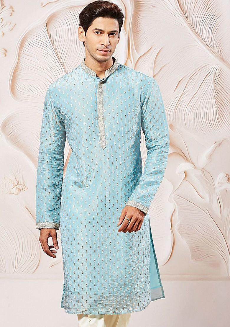 Blue Floral Print Poly Blend Kurta For Men